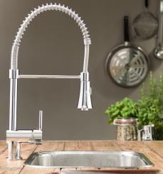 Niederdruck Gastro Spiralfeder Küchenarmatur mit Brause chromoptik 