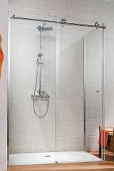 Schulte MasterClass Gleittür mit Seitenwand 8 mm Klarglas + Glassiegel 2000x1200x900 mm, Festteil der Tür links, Profilfarbe chromoptik