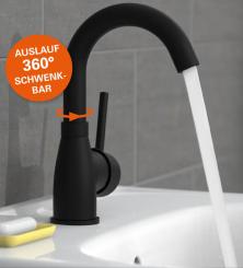 Hochdruck Waschtischarmatur mit Bogenauslauf matt schwarz 